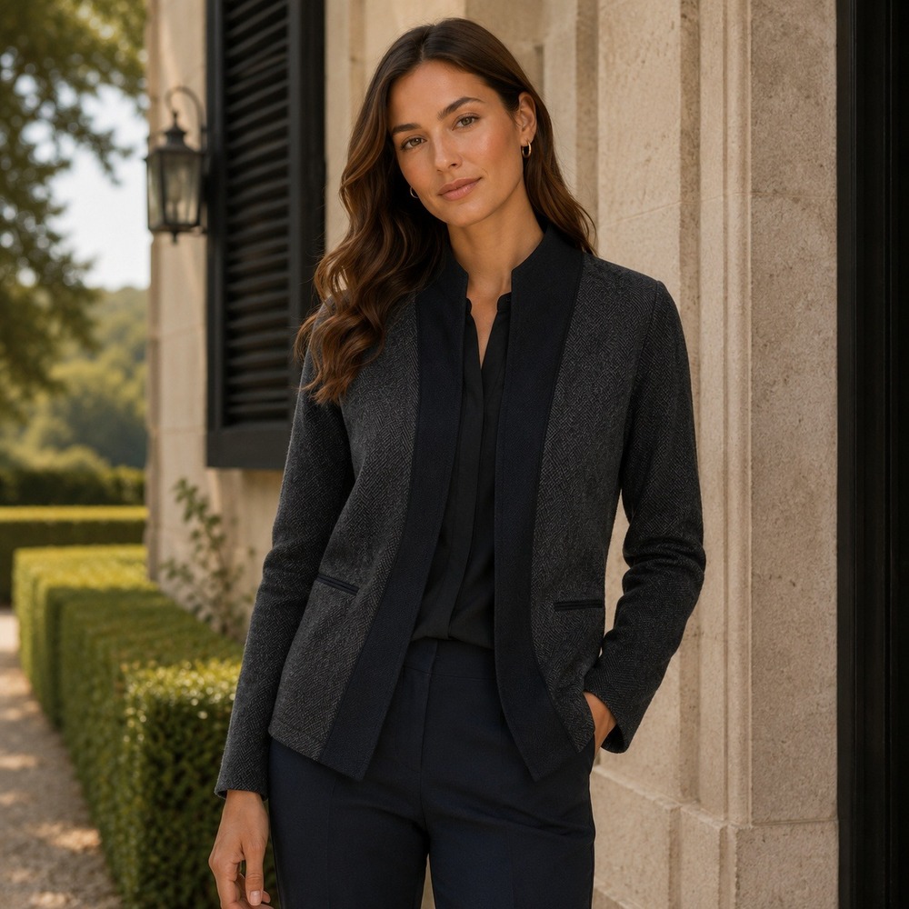 Anthropologie Elevenses Wool Blend Open Front Blazer Jacket Gray Black